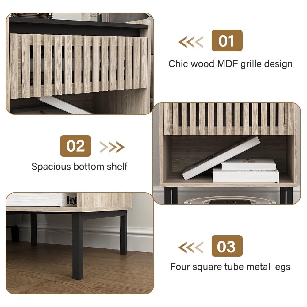 Demi Bonn Nightstand Set of 2, Bedside Table with Decorated Drawers, Wood Accent Side End Table with Storage for Bedroom, Beige