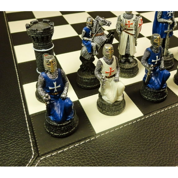 Medieval Times Crusades BLUE  WHITE Maltese Knight Chess Set Faux Leather Board