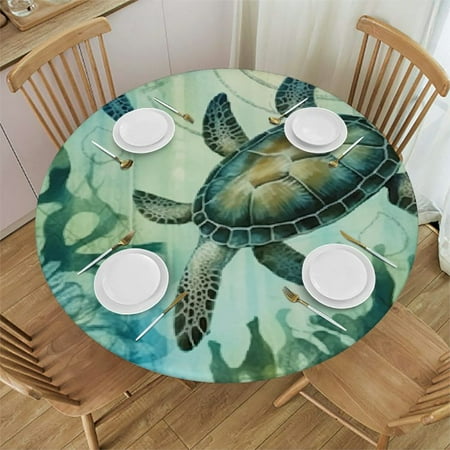 

Orinice Turtle Seaweed Ocean Round Table Cover Stain Resistant Washable Indoor Outdoor Tablecloth Kitchen Dining Wedding Parties Fitted 100% Polyester Fiber 31-35
