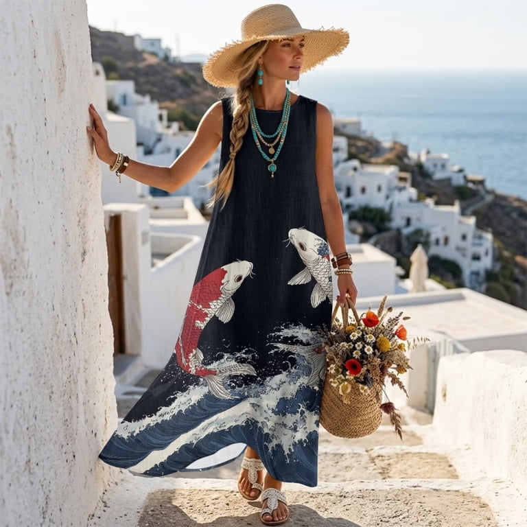 fish print maxi dress Xixirimido Lotus Flower Leaf Koi Fish Print Women Maxi Dresses Casual Summer Dresses Tank Long Flowy Sleeveless Sundresses with Pockets Beach Vacation Outfits, Size 3XL