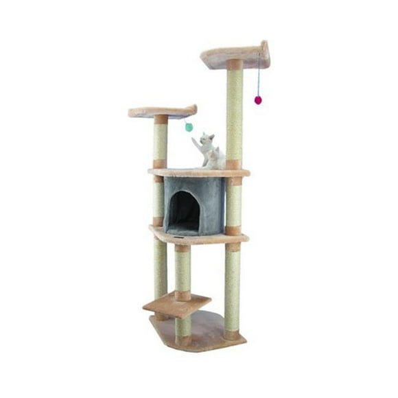 Armarkat 64" Real Wood Cat Tree With Sractch Sisal Post Soft-side Playhouse Almond