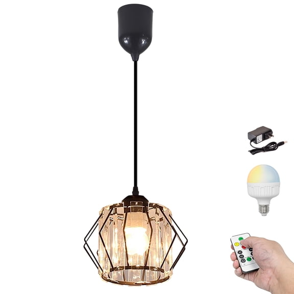 Kiven Battery Operated Pendant Light with Remote,1-Light Rechargeable Hanging Pendant Light Adjustable Height with Crystal Lampshade for Bedroom Kitchen Home Decor Black XDD361