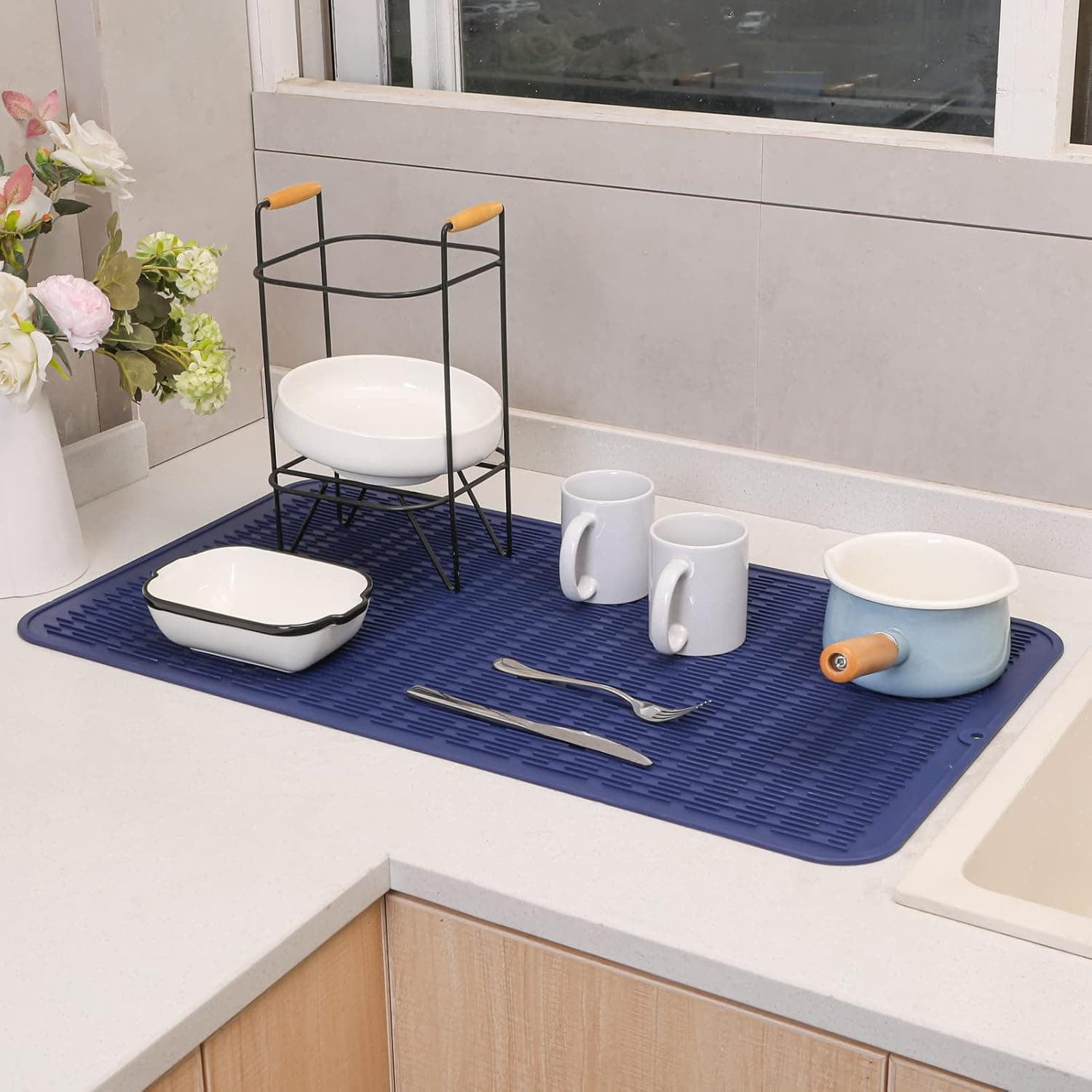 Silicone Dish Drying Mat for Multiple Usage,Easy clean,-friendly,Heat-resistant Silicone Mat for Kitchen Counter or Sink,Refrigerator or Drawer Liner Navy Blue 4XL 32 inches x 18 inches