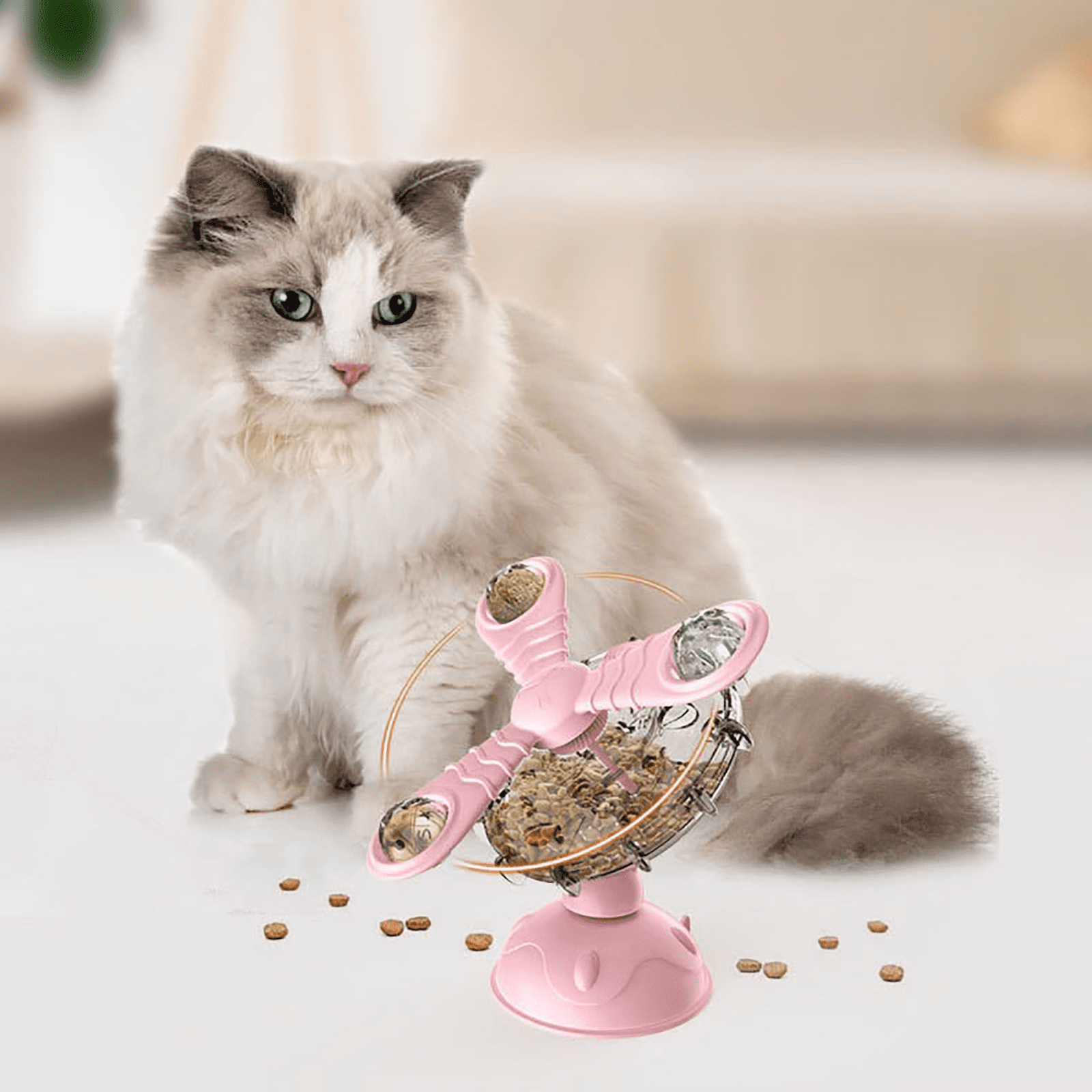 Pet Cat Toy, Glowing Sounding Rotating Food Leaking Feeder with Suction Cup, for Kitten Interactive Play, Mental Stimulation, Slow Feeding