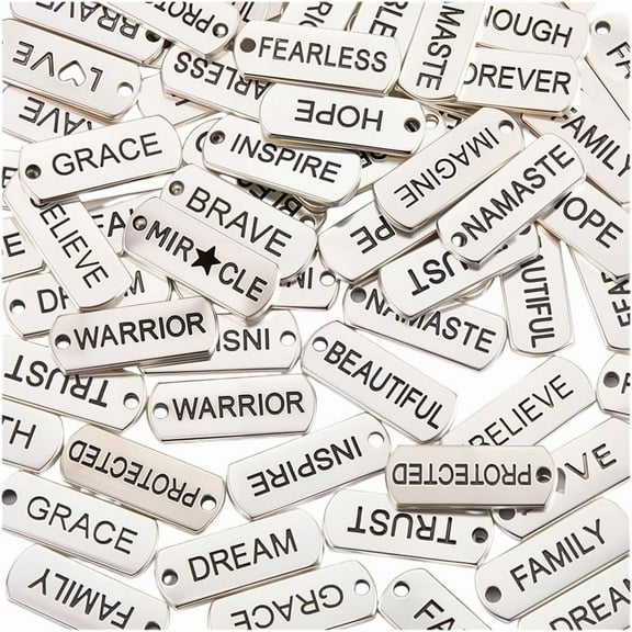 1 Box 80Pcs 20 Styles Silver Word Charms Motivational Charms Bulk Metal Engraved Inspirational Words Dangle Pendants for Jewelry Making Key Chain Earrings Cheer Message DIY Crafts