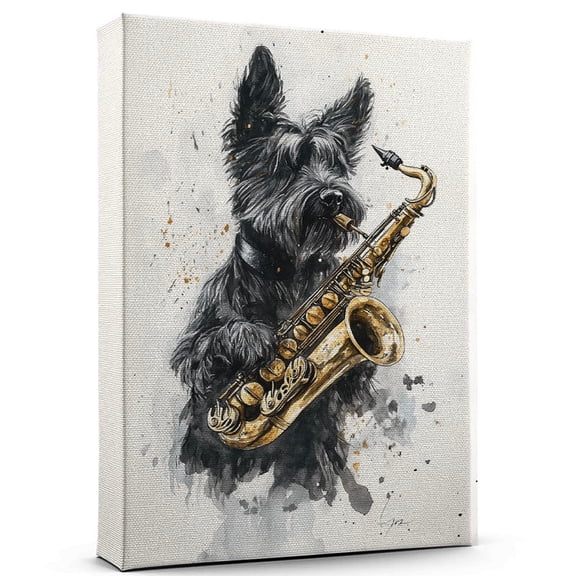 Scottish Terrier Dog Stretched Canvas Size 8x12 – Saxophone Canvas Print of Funny Scottish Terrier Dog Wall Art, Saxophone Music Wall Decor, Home Decor, Dog Lover