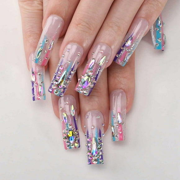 Cuadrado largo MQPq de Press On Nails con diamantes de imitación en forma de arcoíris, 24 unidades