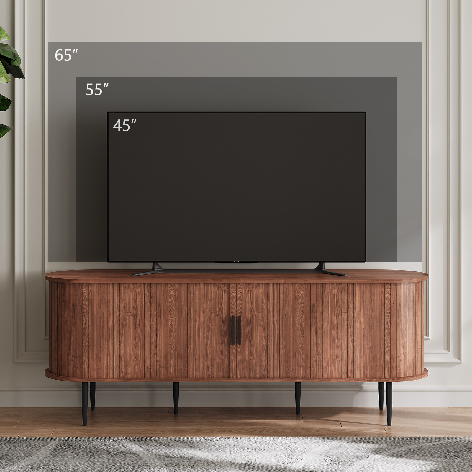HLR 55" Mid-Century Modern TV Stand with Sliding Doors, Brown photo 3