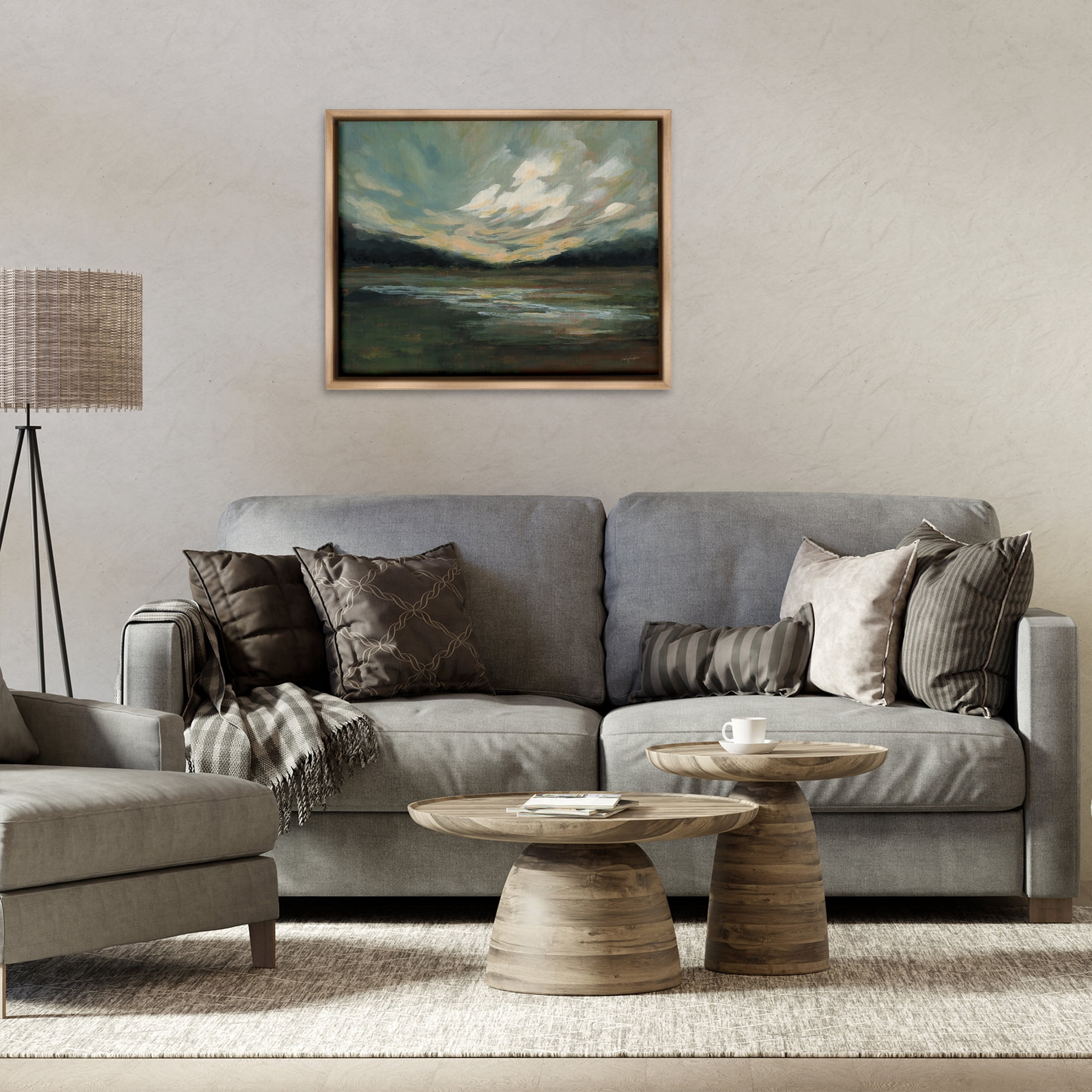 Stupell Industries Billowing Clouds Landscape Landscape & Nature Painting Brown Floater Framed Canvas Art Print Wall Art, 31 x 25