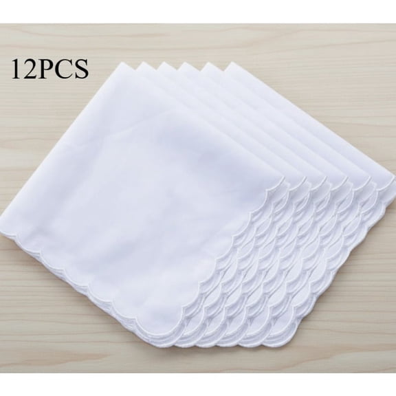 12-Piece Scalloped White Pocket Squares - 12-Inch Pure Cotton Handkerchiefs, Lightweight Towels for Suit Pockets & Purses