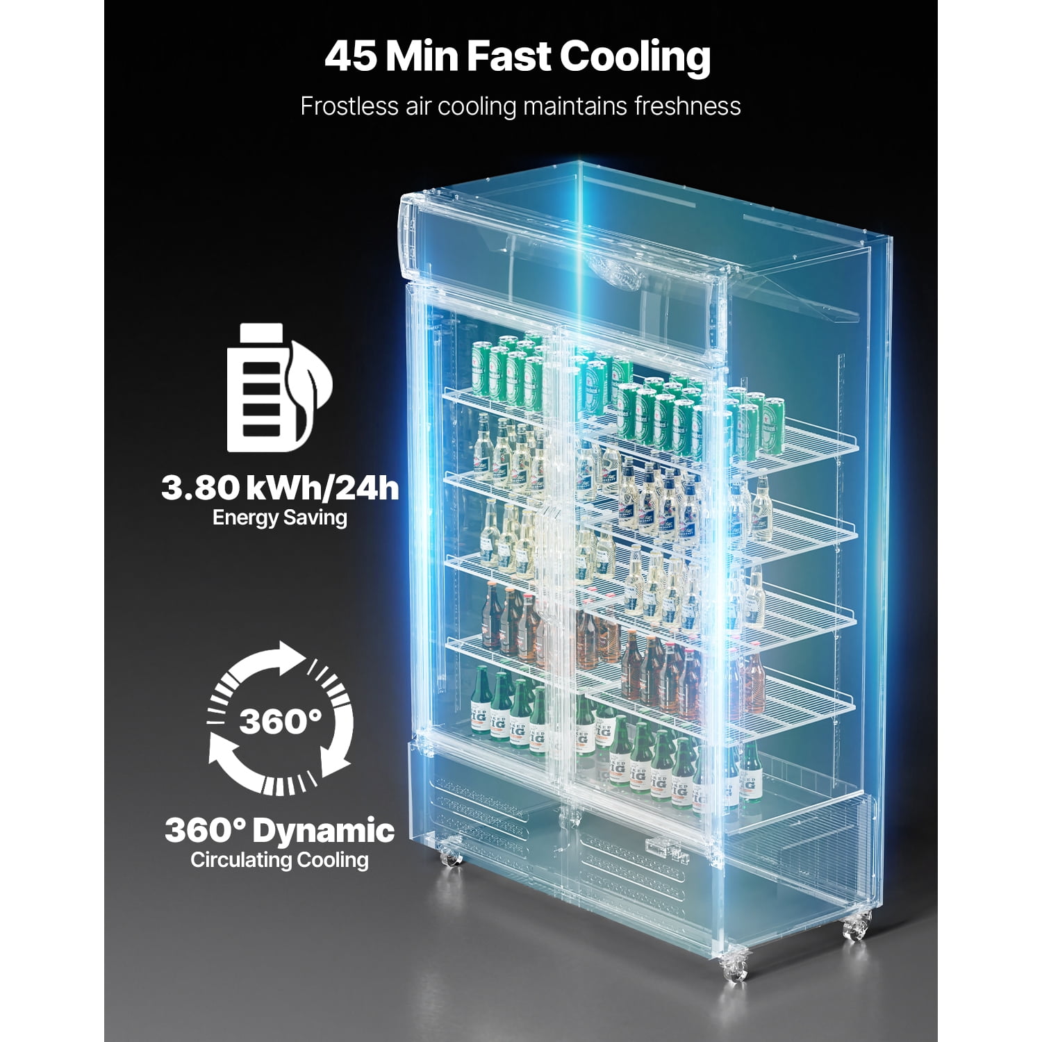 KFFKFF Business-Grade Beverage Chiller, 36.27 CU.FT Vertical Drink Cooler, Dual Transparent Door Fridge with 8 Modifiable Racks, Subtle LED Illumination, Personalizable Lightbox, Mobile Wheels, Black