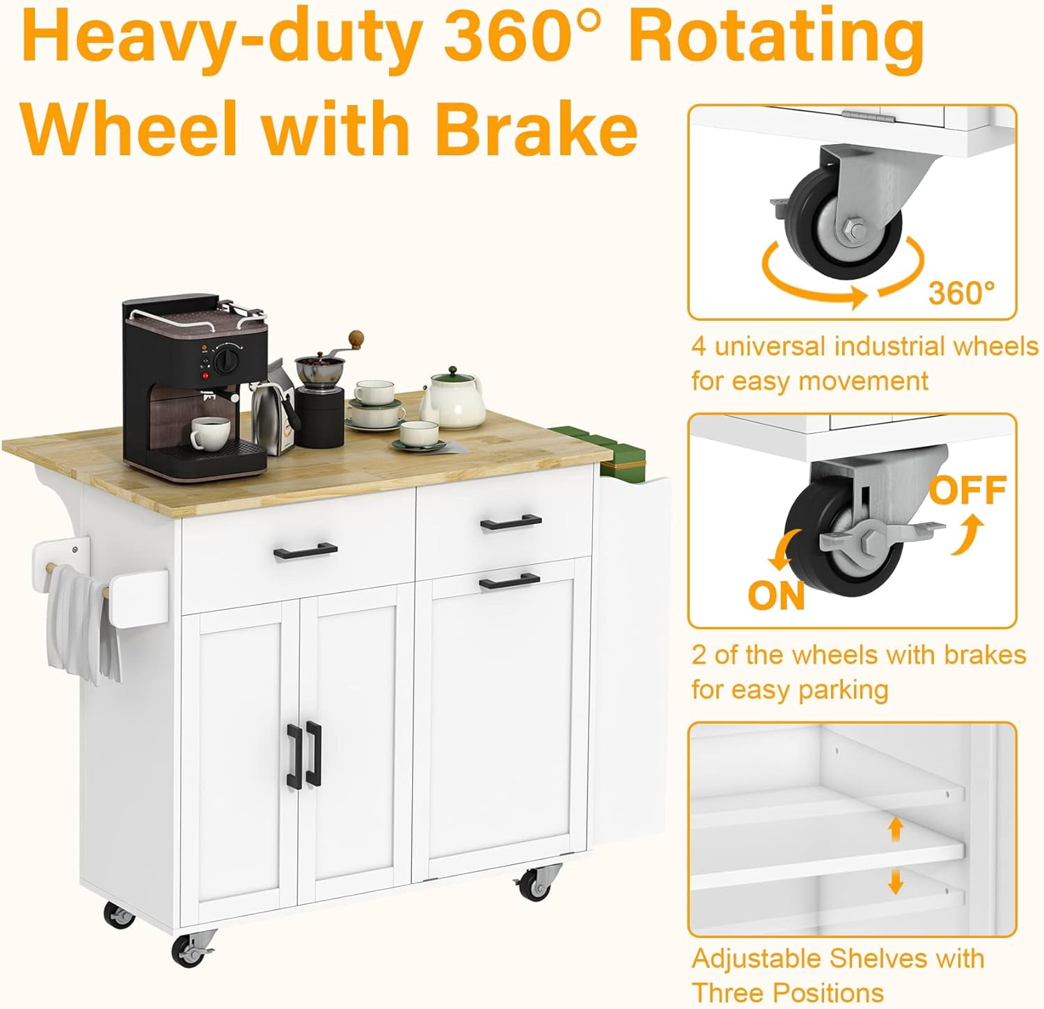 HAUXITIO Kitchen Island Cart with Drop Leaf,2 Drawers & Trash Can, Rolling Storage Cart with Spice Rack,White
