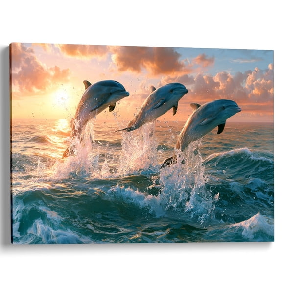 Wallume Store Jumping Dolphins Sunset Ocean Canvas Wall Art Bathroom Decor 12x8 Inch