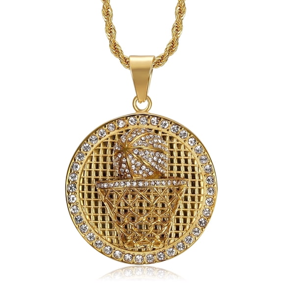 NEGS 18K Gold Plated Basketball Hoop Pendant 24'' Chain Hip Hop Sports Stainless Steel Necklace for Men Women