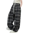 thumbnail image 1 of ShomPort Boys Girls Pants Plaid Pattern Drawstring Full Length Mid-Rise Waisted Stylish Streetwear Loose Wide Leg Trousers, 1 of 6