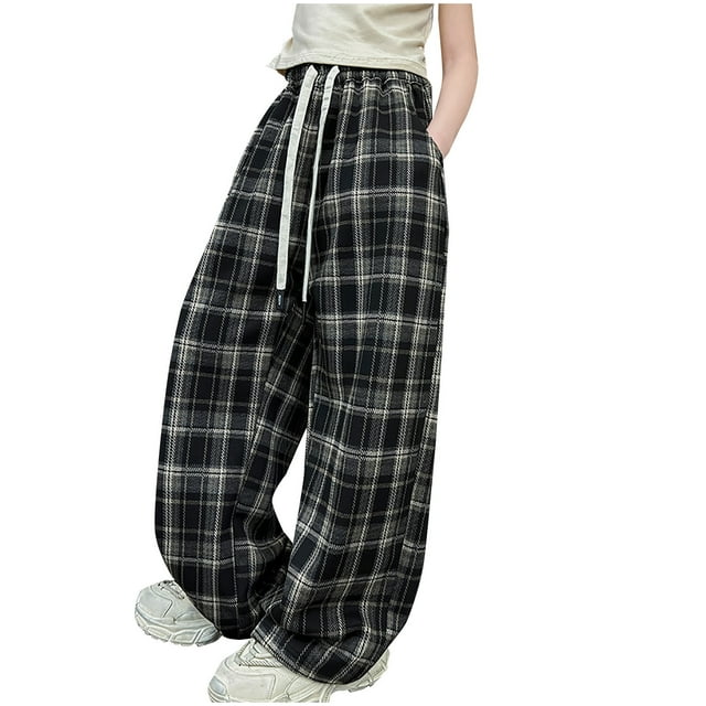 ShomPort Boys Girls Pants Plaid Pattern Drawstring Full Length Mid-Rise Waisted Stylish Streetwear Loose Wide Leg Trousers