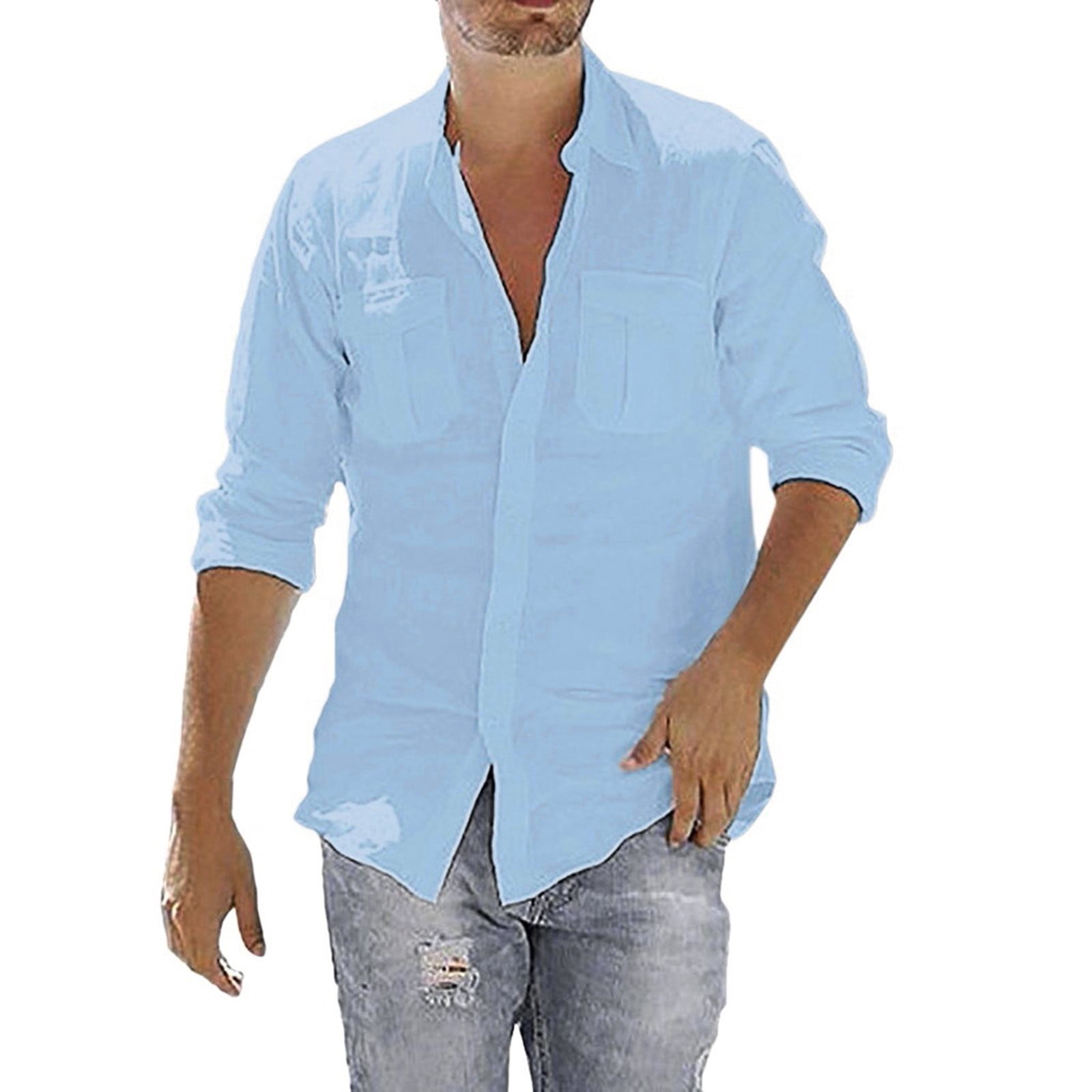 Blouse Cotton Linen Men's Tops Baggy T Pocket Sleeve Shirts Retro Long  Solid Men's blouse Shirt Pinstripe Long Sleeve Shirt Collar Dress Shirts  for Men Dress Shirts Striped Casual Shirts