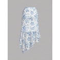 thumbnail image 2 of Blue And White Vintage Floral Print Asymmetrical Hem Ruched Waist Flowy Skirt For Women, 2 of 6