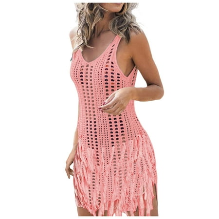 Celivon Womens Plus Size Swimsuit Cover Ups Cover Up Hollow Out Swimwear Beach Bathing Suit Bikini Coverups Crochet Swim Beach Dress Tassel Pink