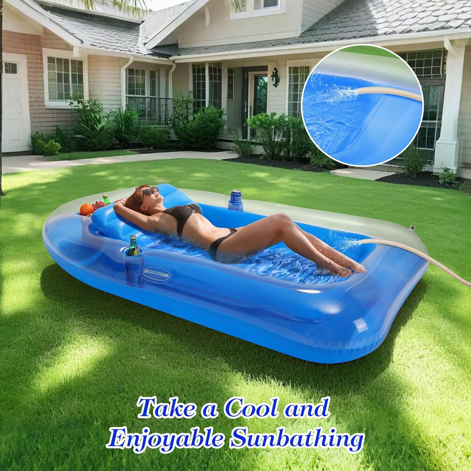 Pool Floats Adult, Large Floating Bed with Ice Bar, Tanning Bed Pool Raft Inflatable Lounger with Drink Holder Tanning Chair Inflatable Pool Toys for Party Beach Backyard
