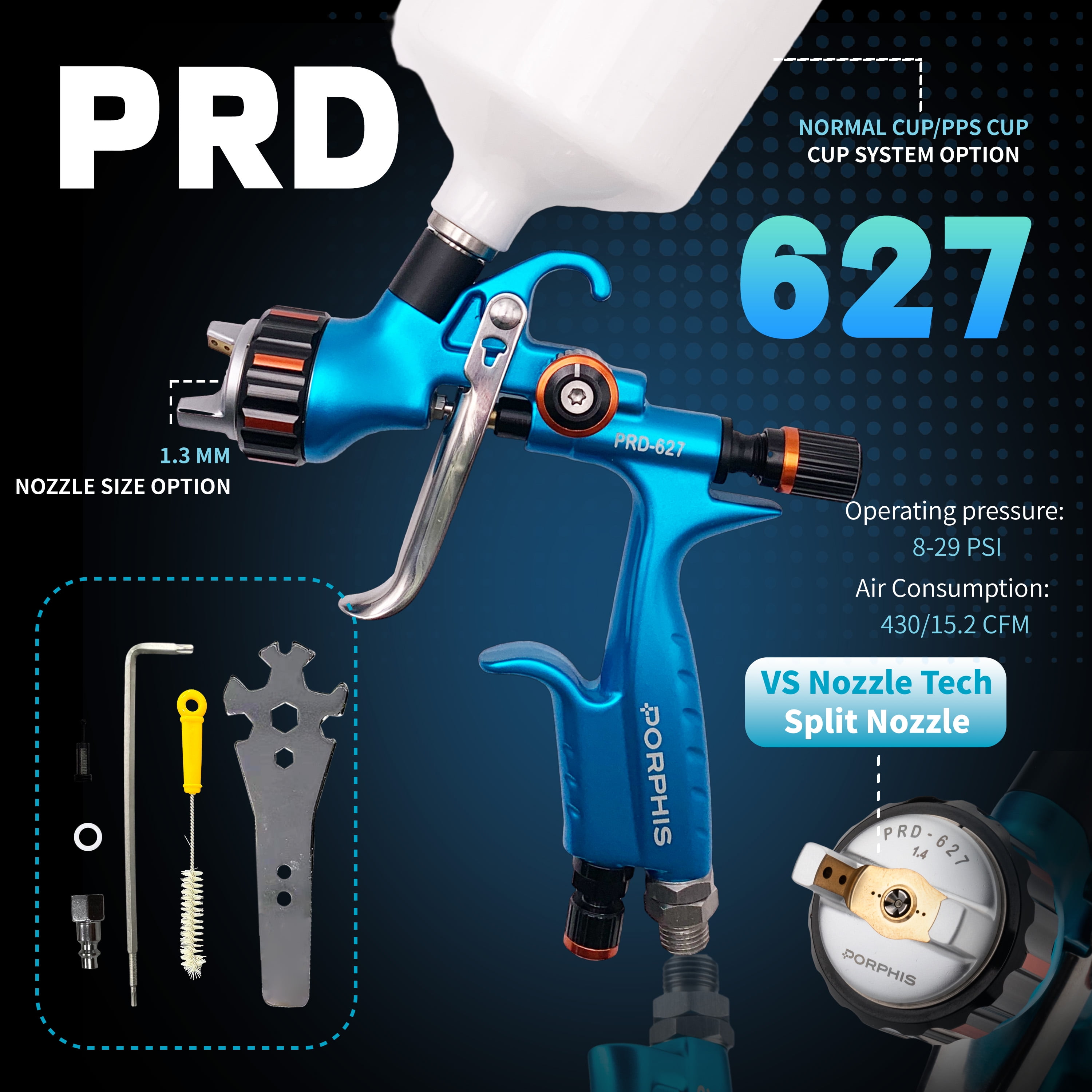 PORPHIS Paint Spray Gun PRD-717 VS Type with Split Nozzle 1.3mm