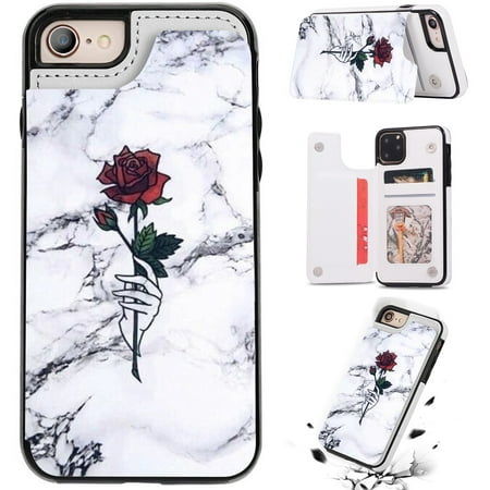 iPhone 13 Pro iPhone SE 2020 Case Wallet with Card Holder, Marble Rose PU Leather Double Magnetic Buttons Flip Shockproof Protective Cover for iPhone 7/8/SE 2020 X XR XS 8 7 6