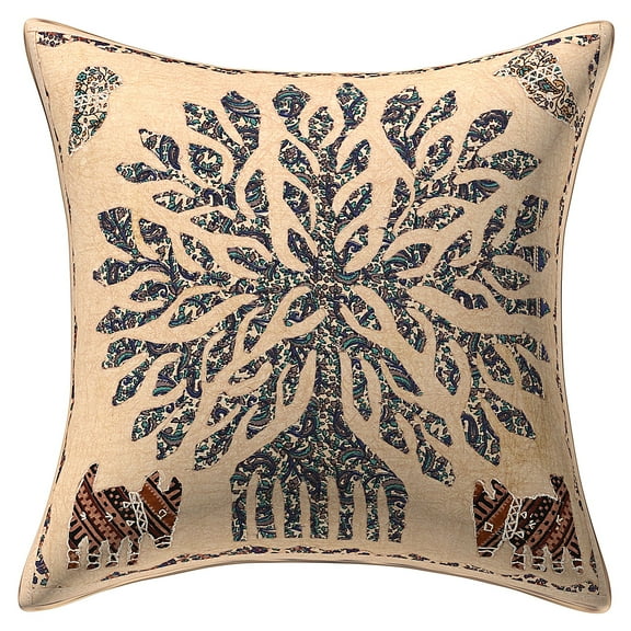 Stylo Culture Ethnic Decorative Throw Pillow Cover 16 x 16 Applique Patchwork Beige Brown Bohemian 40x40 cm Bedroom Cotton Tree Of Life Square Cushion Cover | 1 Pc