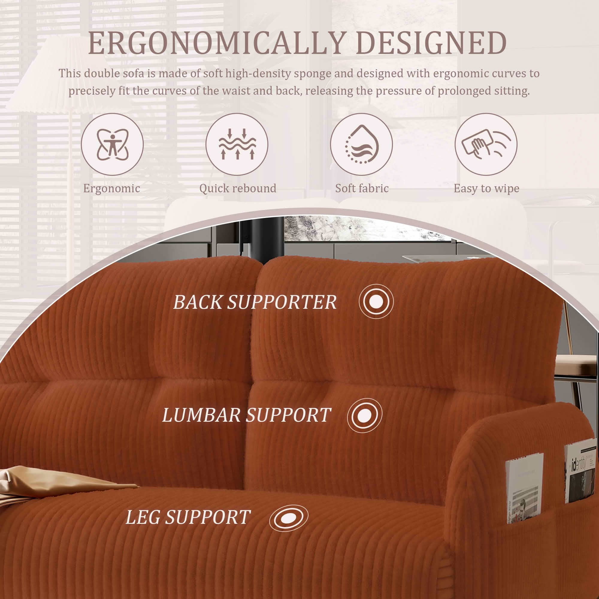 MAYEERTY Corduroy 2-Seater Loveseat, Modern Monochrome Double Sofa with Side Storage Pockets & Sturdy Wood Frame for Home Office