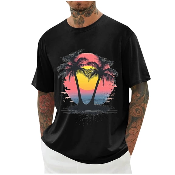 Dagegui Sunset Palm Tree Graphic T-Shirts for Men Casual Crew Neck Short Sleeve Tops Big and Tall Summer Basic Tees Black M