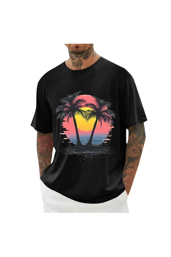 Mens Plus Size T Shirts Summer Beach Short Sleeve Crew Neck Casual Tropical Graphic Tees Tops Black