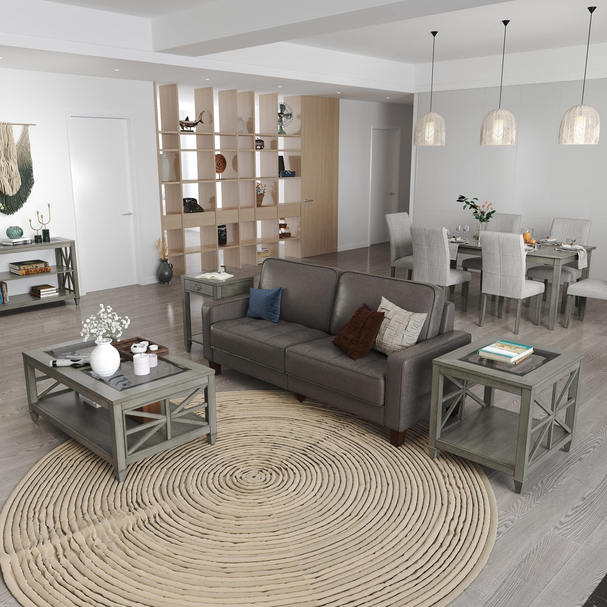 JESONVID Farmhouse End Table Living Room, Furniture Solid Wood Square Large Side Tables with Storage Chairside Coffee Table Tempered Glass Top Design Antique Gray