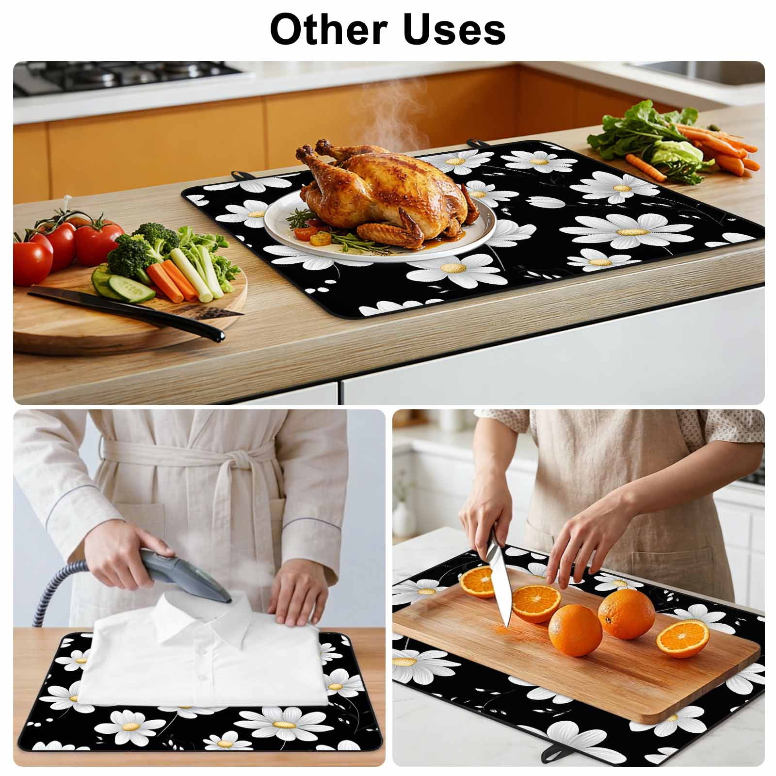 White Daisy Floral Stove Top Cover for Electric Stove, Heat-proof & Non Slip Glass Top Stove Cover Protector, Spring Summer Flowers Black Kitchen Flat Cooktop Rubber Mat 24x21 Inches