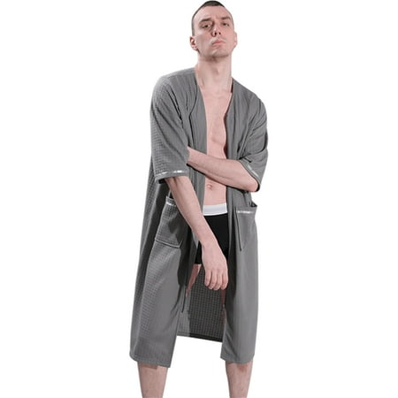 

Poseca Men Casual Loose 3/4 Sleeve Zipper Front Bathrobe Housecoat Full Length Nightgowns Loungewear with Pockets