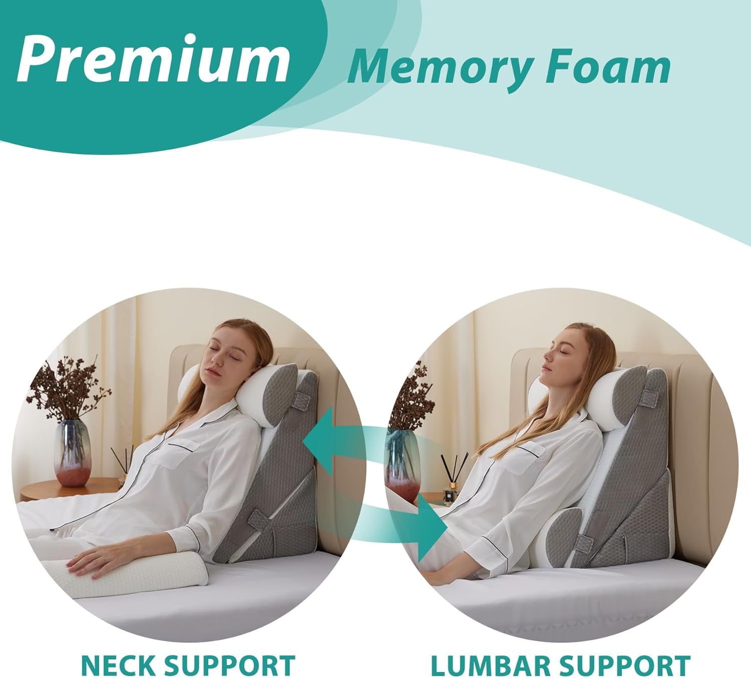 Adjustable 4-Piece Memory Foam Bed Wedge Pillow Set for Back, Neck, Leg Pain Relief, Sleeping, Sitting Up, Acid Reflux and GERD, White and Grey