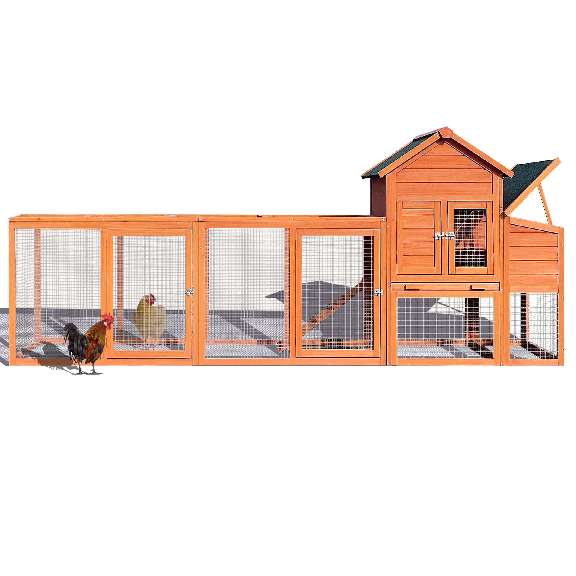 122" Large Wooden Chicken Coop, Outdoor Hen House with Nesting Box, Wire Fence Poultry Cage