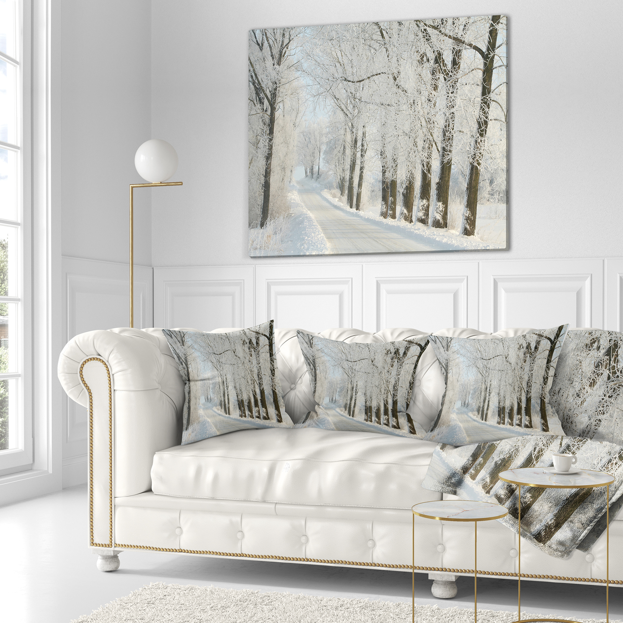Designart Winter Rural Road Among Frosted Trees - Forest Throw Pillow - 16x16