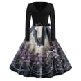 thumbnail image 2 of Women's Halloween Dress Witch Hat Candy Long Sleeve Hepburn Cocktail Cute Dresses V Neck 1950s Funny Classic Tea Length Dress with Belt XL, 2 of 5