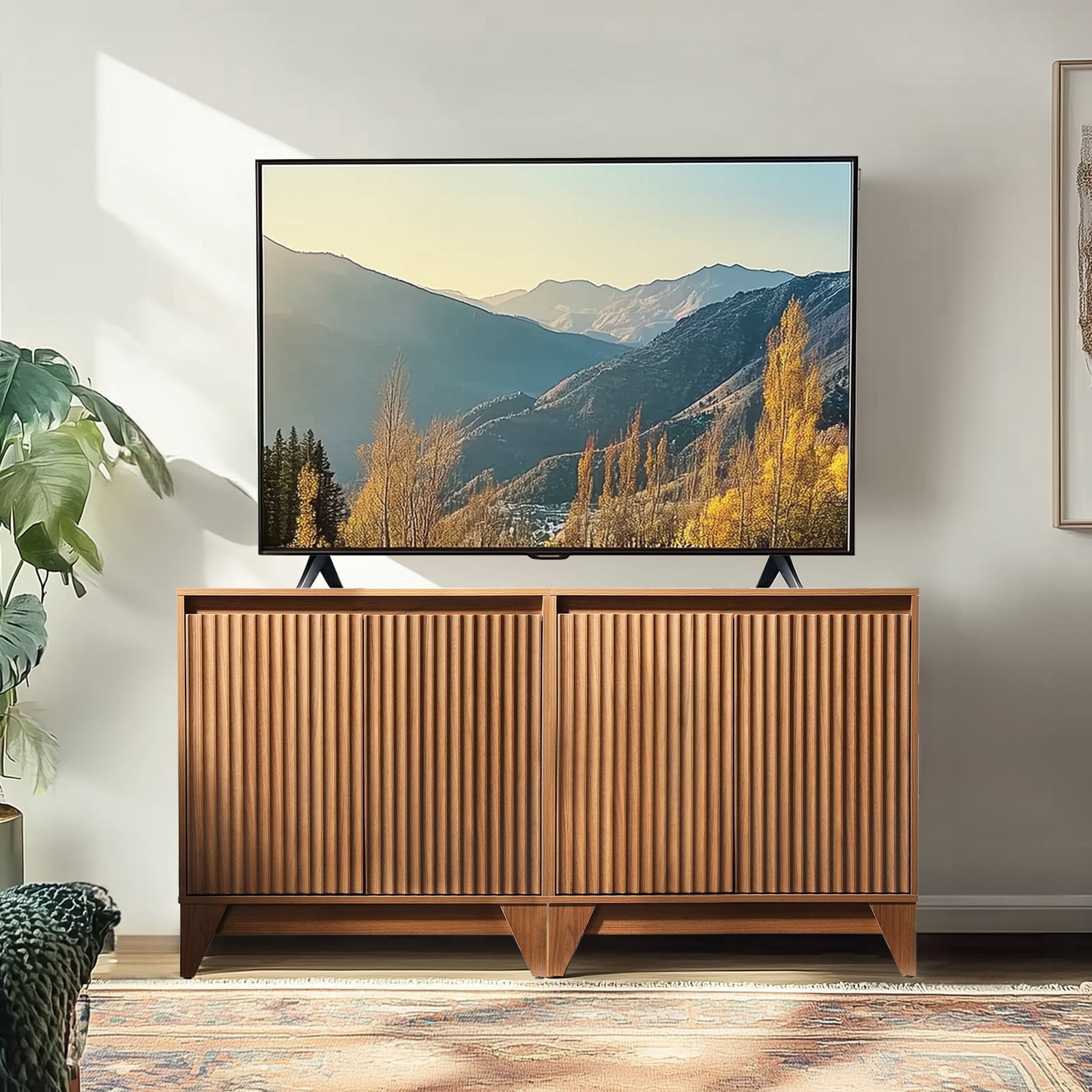 UPGO 31'' Modern Farmhouse Sideboard Buffet Cabinet with Storage, Fluted Panel Doors & Adjustable Shelves (brown)