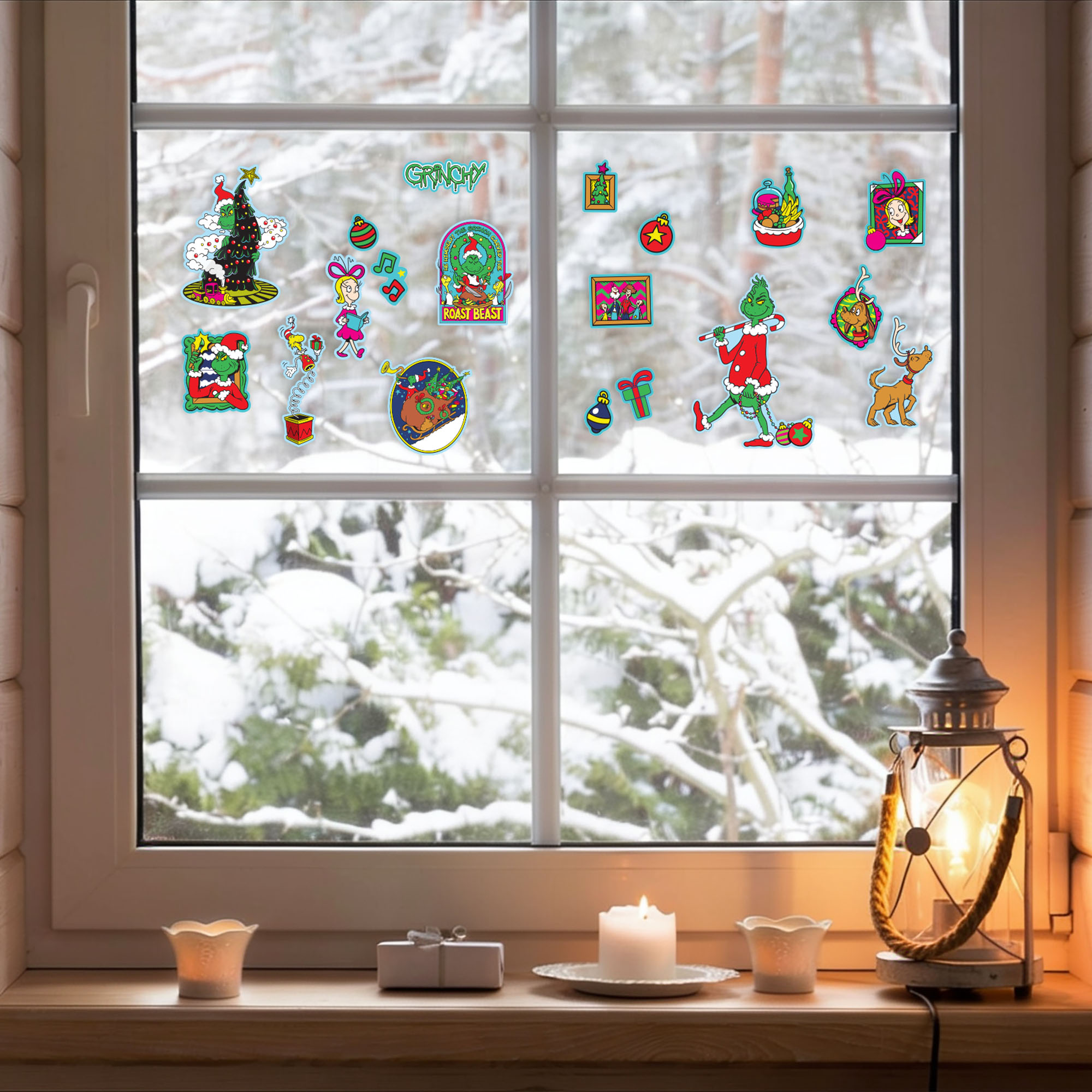 Dr. Seuss The Grinch Christmas Window Clings, 19‑Piece Holiday Static Window Decorations – Grinch, Max & Cindy‑Lou Who