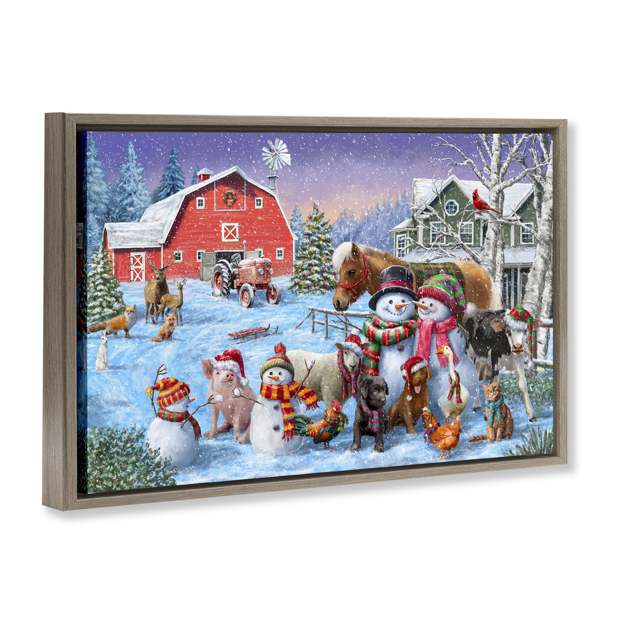 Stupell Industries Snowman & Dogs Family Holiday Painting Brown Floater Framed Canvas Art Prints Wall Art, 31 x 21
