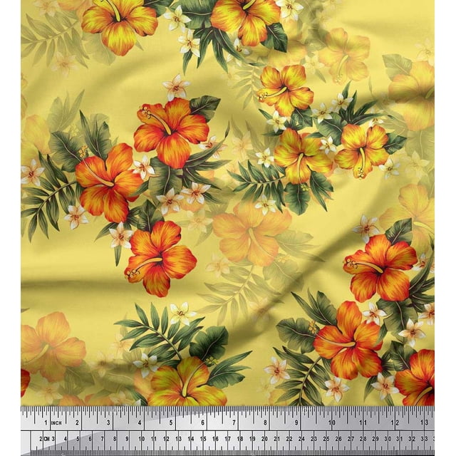 Soimoi Polyester Crepe Fabric Floral & Leaves Tropical Decor Fabric Printed Yard 42 Inch Wide