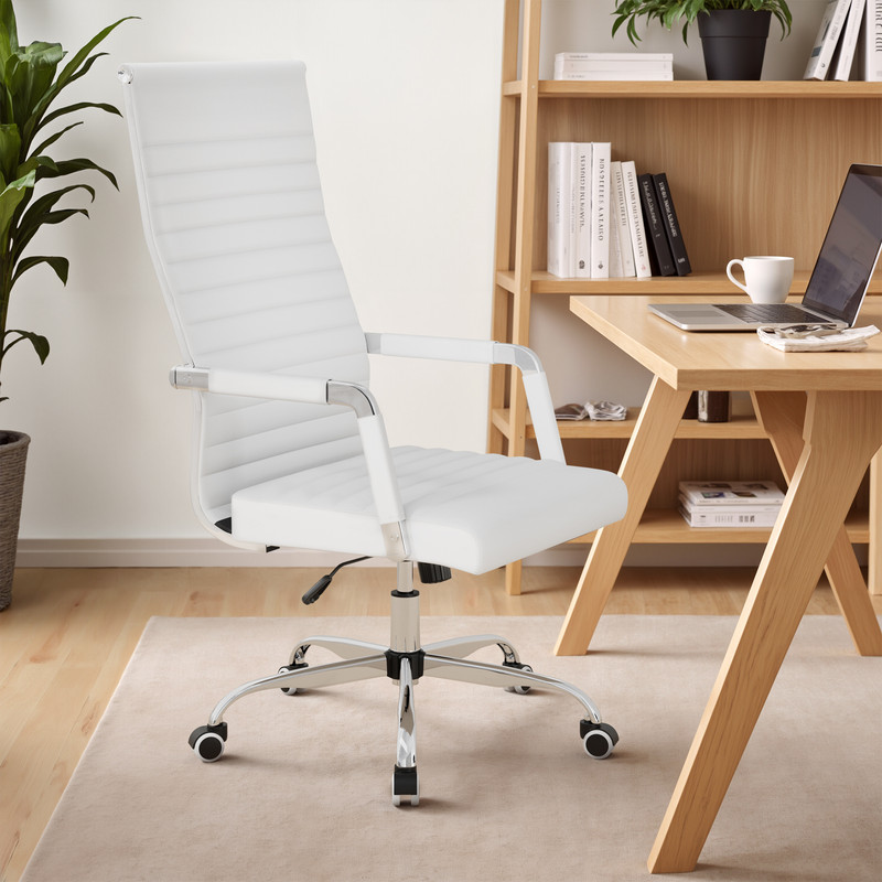 Furmax Faux Leather Office Chair with Lumbar Support and Armrest, High-Back Swivel Conference Chair, White