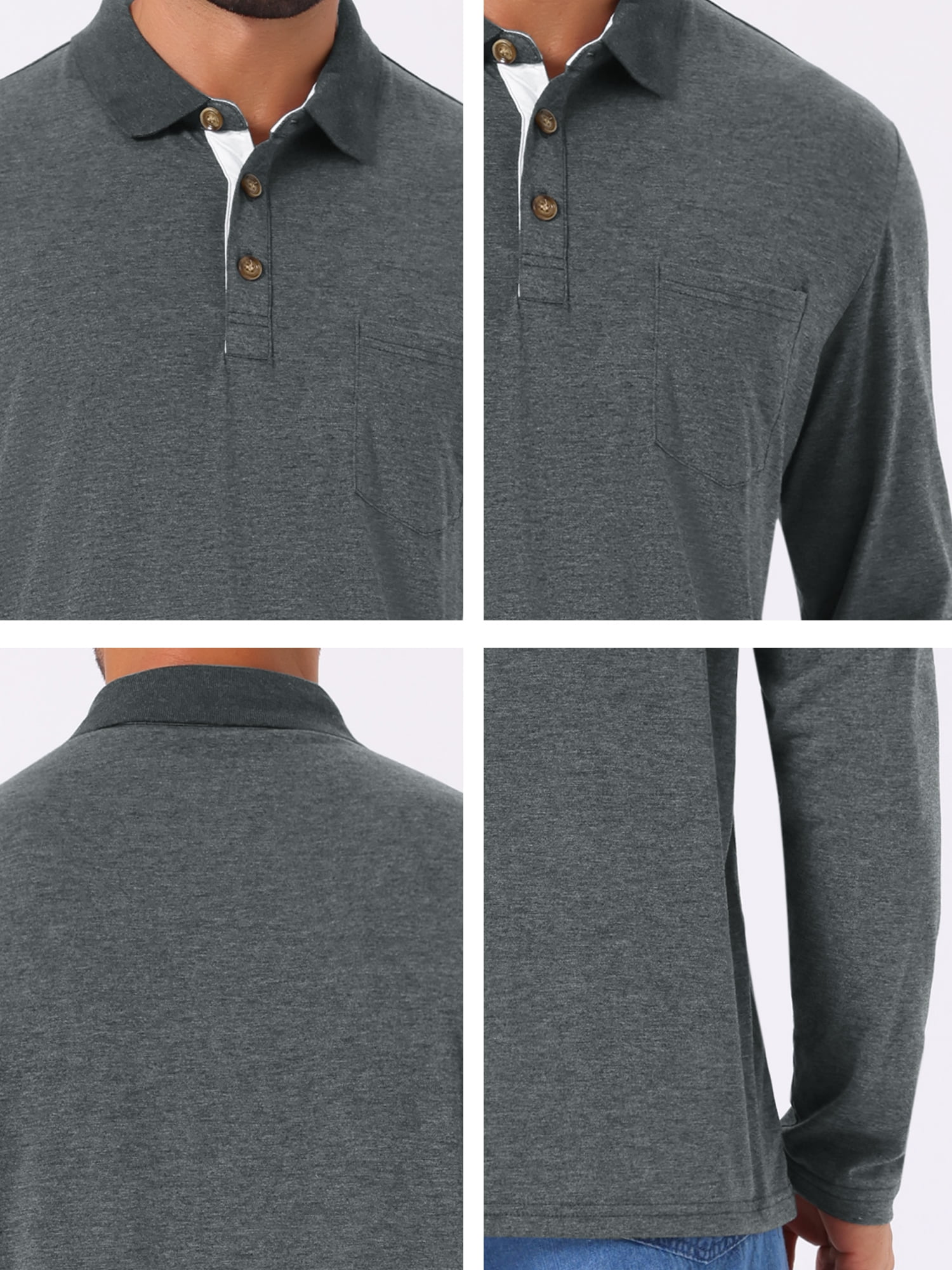 DARING DIVA Men's Contrast Button Collared Long Sleeves Golf Polo T-Shirts L Dark Gray