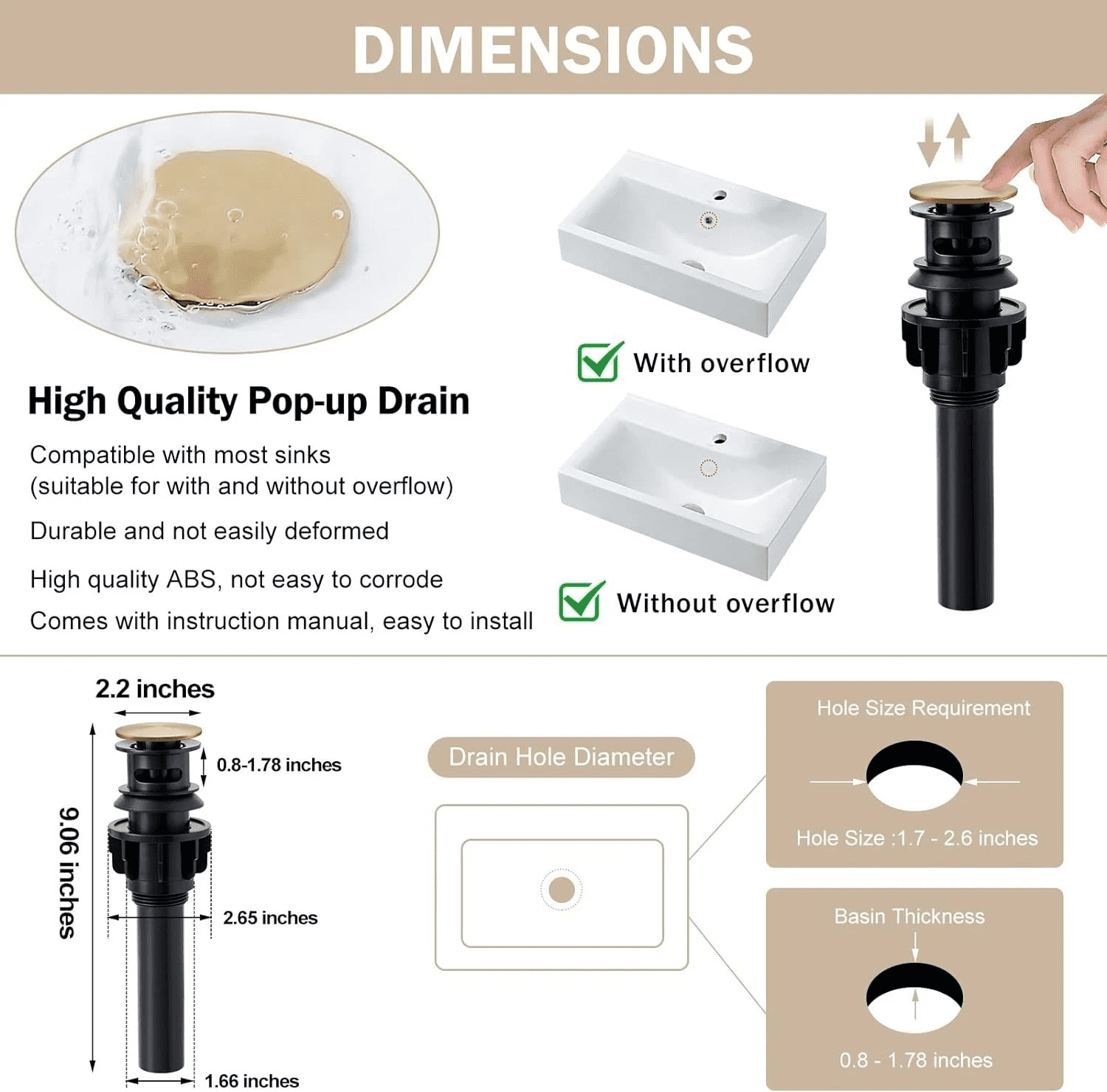 Zovajonia Brushed Gold Bathroom Faucet Single Handle 1 or 3 Holes Basin faucet with Pop Up Sink Drain Assembly and Water Faucet Supply Lines