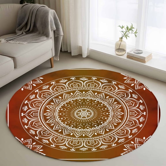 Orange Boho Round Area Rug 4 FT, Non Slip Indoor Outdoor Rug, Country Vintage Ethnic Abstract Geometric Washable Circular Carpet Non-Shedding Floor Mat for Coffee Table Nursery Foyer Balcony