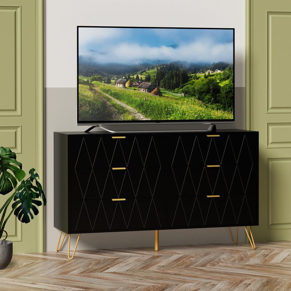 Eclife 47.2"Wide x 28.7" Tall 6-Drawer Double Dressers for Bedroom Living Room Chest with Deep Drawers and Metal Handles, Modern Wood Storage Chest of Drawers, Black