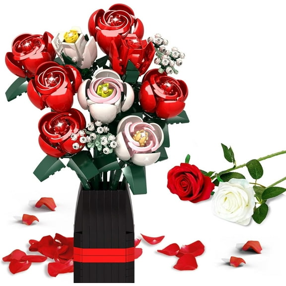 BrixVibe Rose Flower Bouquet Building Set with Vase Compatible with Lego Set for Adults Women DIY Artificial