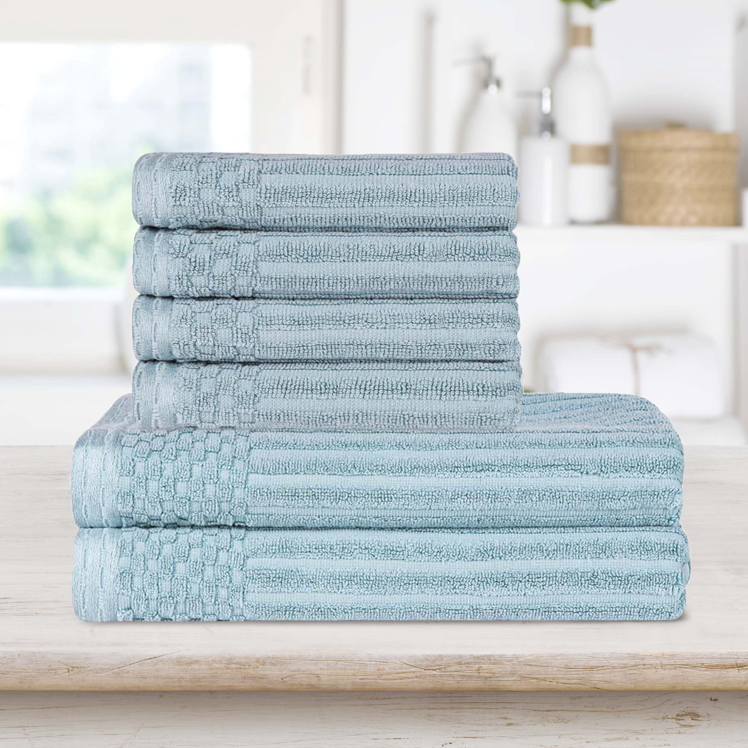 Superior Ribbed Cotton 6-Piece Slate Blue Bath Towel/ Hand Towel Set