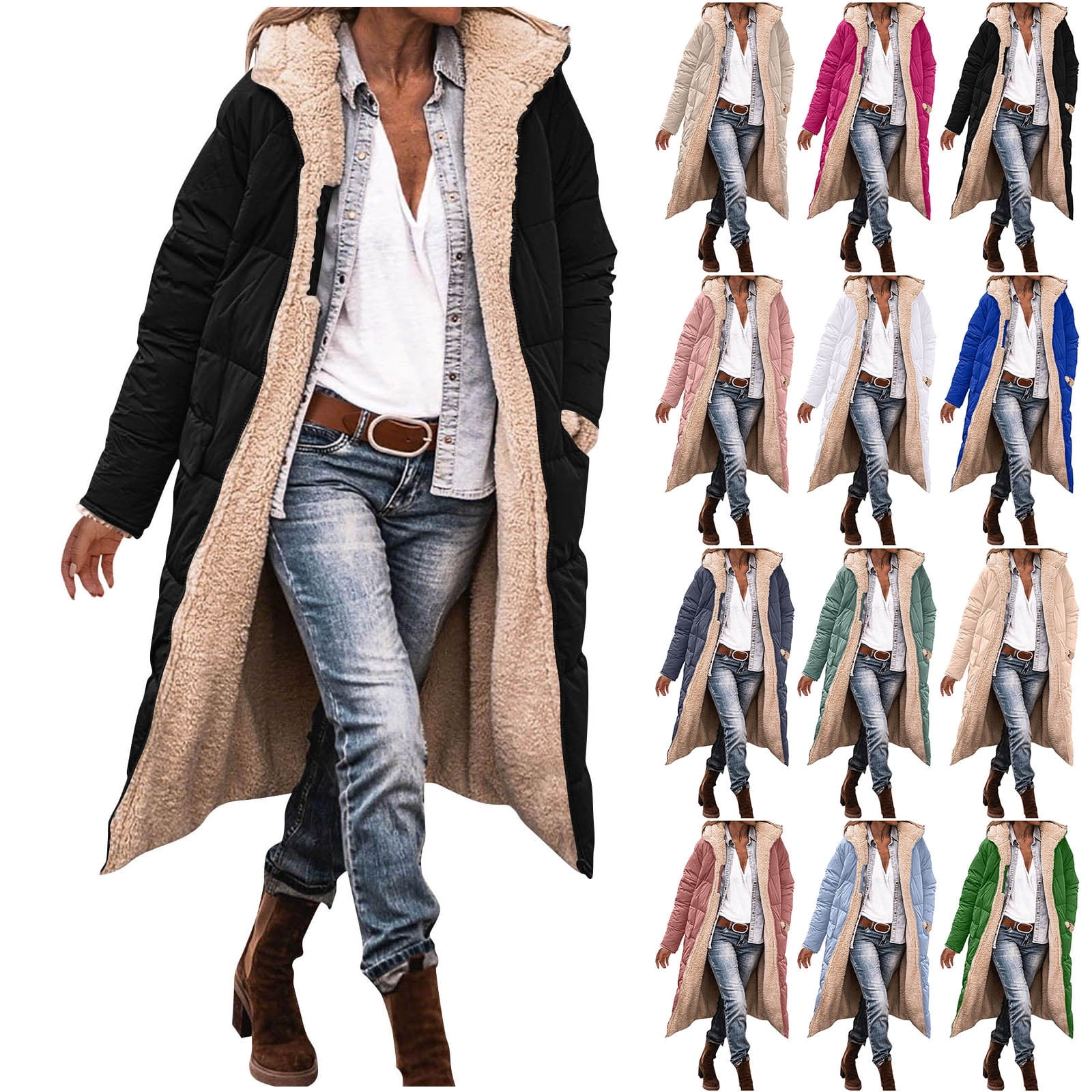Wiyuqeen Long Fleece Jacket Women Winter Coats Sherpa Down Jackets Reversible Parka Padded Coat Oversized Hood Outerwear Pocket