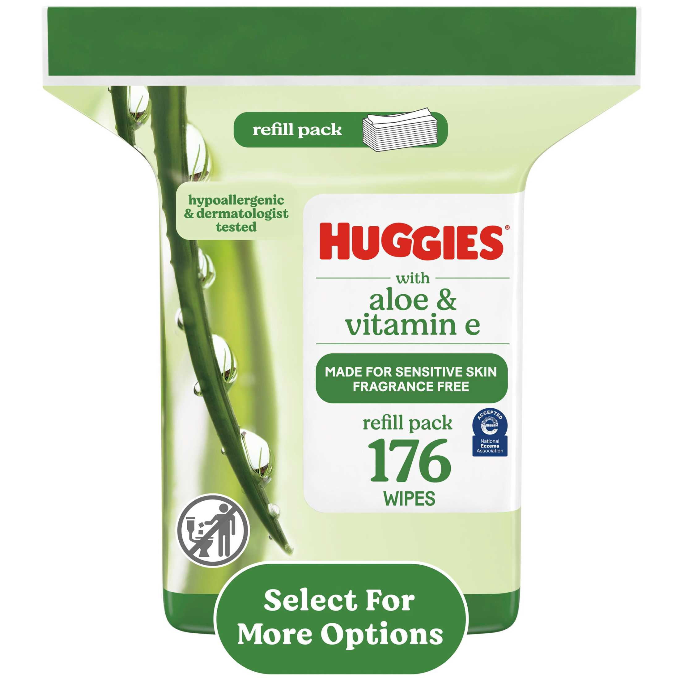 (3 pack) Huggies Wipes with Aloe & Vitamin E, Unscented, 1 Refill Pack, 176 Total Count